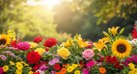 Vibrant flowerbed filled with roses, sunflowers, and lilies