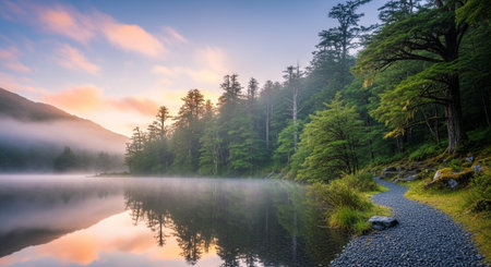 Serene mountain lake landscape with fog and reflectionsの写真素材
