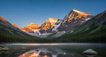 Mountain lake at sunrise reflecting rocky peaks and forest