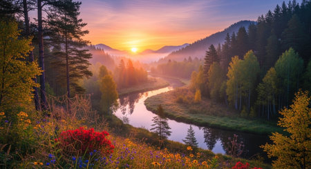 Sunrise over misty river valley with colorful wildflowers