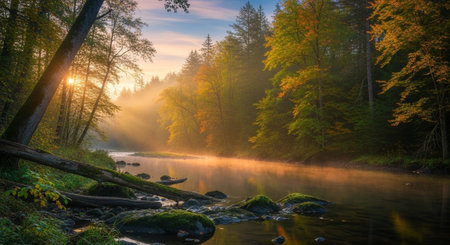 Peaceful forest river landscape with morning mist and light