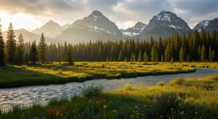 Majestic mountain landscape with river and colorful wildflowers
