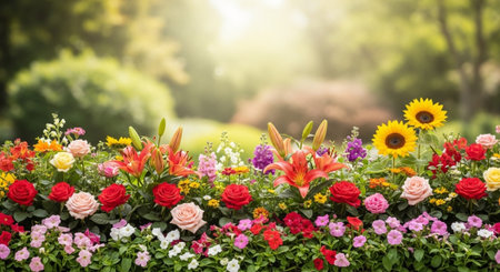 Vibrant flowerbed display with roses lilies and sunflowers