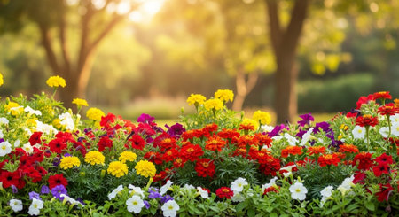 Vibrant flowerbed with mixed colors in a sunlit park
