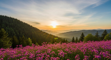 Mountain meadow blooms at sunrise in scenic valley landscape