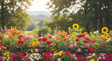 Lush flowerbed brimming with vibrant colors and summer bloomsの写真素材