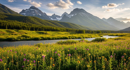 Scenic mountain landscape with river and wildflower meadow
