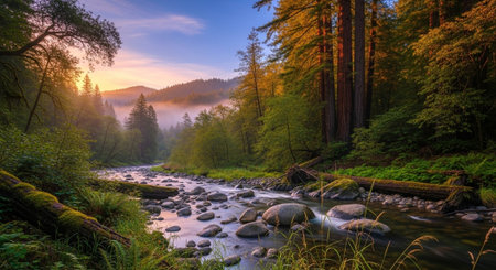 Sunrise in a redwood forest with flowing river and fog
