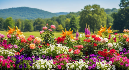 Abundant colorful flowerbed in full bloom during summertime scenery