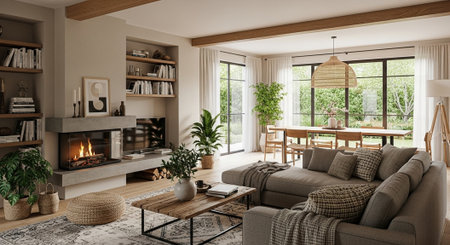 Cozy living room interior with fireplace and dining area