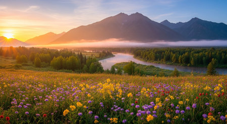 Sunrise over Alaskan mountains, river, and vibrant wildflower meadow