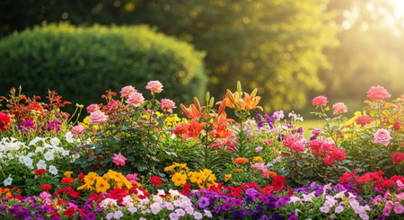 Vibrant flower bed with diverse blooms in golden sunlight