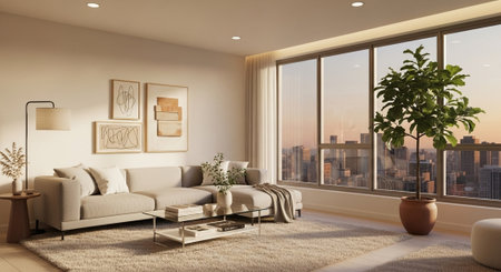 Modern living room interior with city view and sunlight