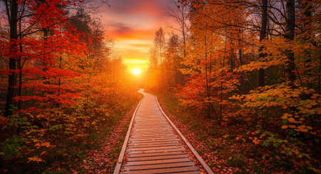 Autumn path at sunrise through a vibrant forest landscape