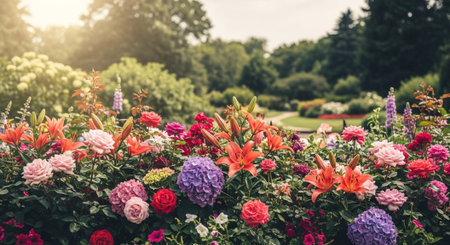 Lush garden bed with colorful flowers in full bloomの写真素材