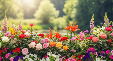 Vibrant flower garden with diverse blooms against blurred backdrop