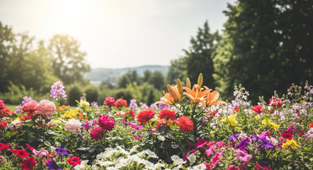 Lush flowerbed with vibrant blooms and natural setting