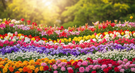 Vibrant flowerbed with colorful blooms under warm sunlight