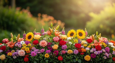Assorted colorful flowers in garden with sunlight background image