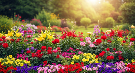 Vibrant flowerbed with blooming flowers in the summer sunの写真素材