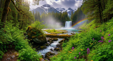 Scenic mountain waterfall with rainbow and lush green forestの写真素材