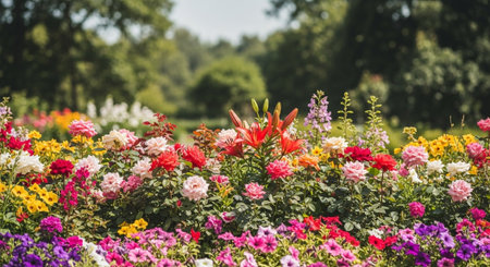 Colorful floral garden featuring roses and lilies in bloomの写真素材