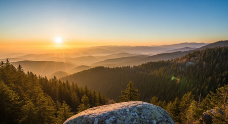 Sunrise over misty mountains and forest landscape viewpointの写真素材