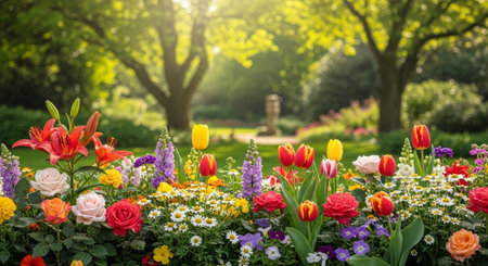 Colorful Spring Flowers Blooming in a Lush Green Gardenの写真素材
