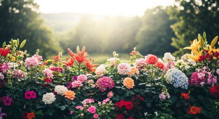 Lush flower garden with vibrant colors and soft sunlightの写真素材