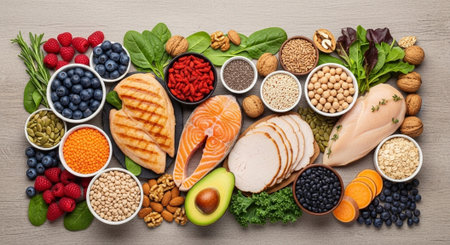 Nutrient-rich assortment of protein, fruits, and grains arranged artfullyの写真素材
