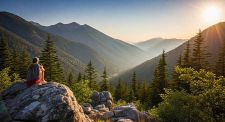 Lone hiker contemplates sunrise mountain view from rock outcrop