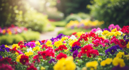 Colorful garden flowers in bloom on sunny day landscapeの写真素材