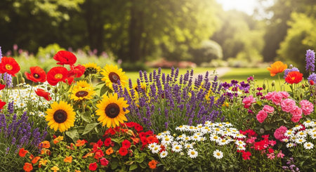Vibrant colorful flower bed in full bloom landscape sceneの写真素材