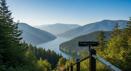 Scenic view of mountain lake with direction signの写真素材