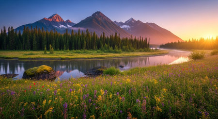 Scenic mountain range landscape with river and colorful meadowの写真素材