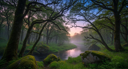 Mystical forest landscape with river flowing into the distanceの写真素材