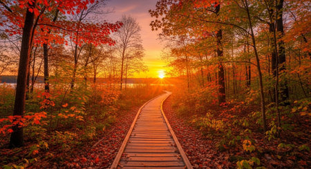 Autumn path through forest at sunset creates a beautiful sceneの写真素材