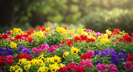 Vibrant flower bed of pansies in full bloom sunshineの写真素材