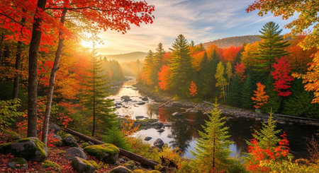 Scenic autumn forest with colorful foliage and flowing riverの写真素材