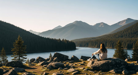 Woman enjoying serene mountain lake view in morning lightの写真素材