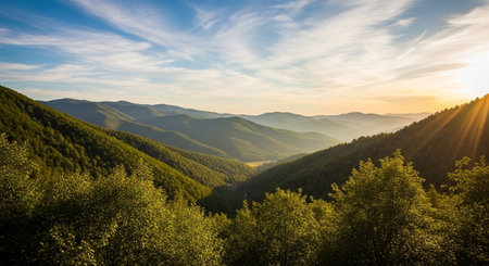 Green mountain range at sunset landscape with sky backgroundの写真素材