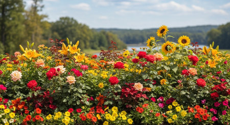 Vibrant flowerbed with sunflowers lilies and roses by riversideの写真素材