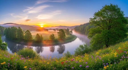 Idyllic river landscape at sunrise with mist and wildflowersの写真素材