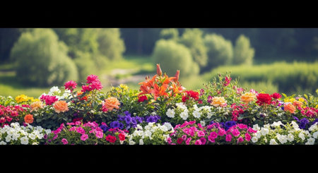 Lush floral bed with blurred green trees in the backgroundの写真素材