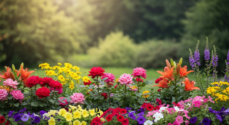 Vibrant flower bed featuring roses lilies and other colorful bloomsの写真素材