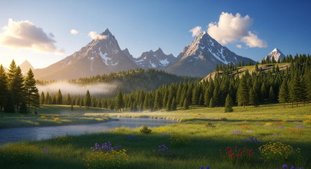 Majestic mountain landscape with river flowing through vibrant meadowの写真素材