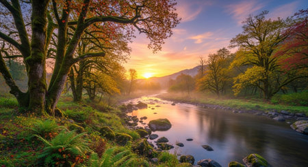 Scenic River Landscape with Autumn Foliage at Sunriseの写真素材