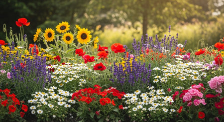 Vibrant field of assorted flowers blooming in a gardenの写真素材