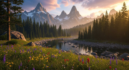 Mountain Landscape with River and Wildflowers at Golden Hourの写真素材