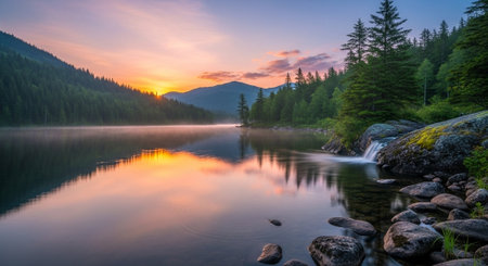 Peaceful sunrise over a still mountain lake with forestの写真素材